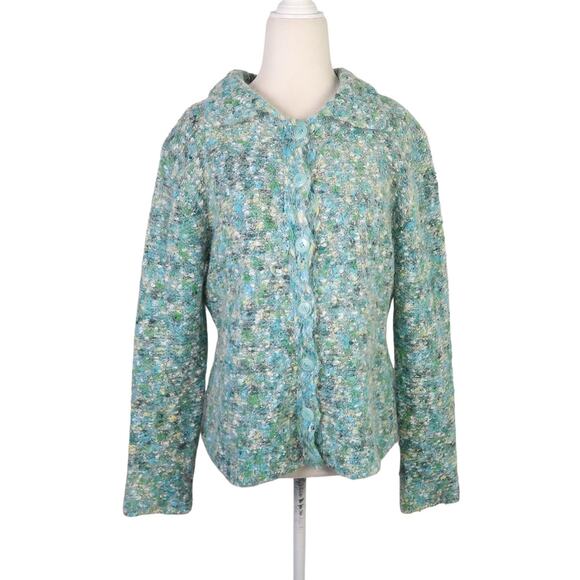 Vintage Y2K Amore Green and Blue Marled Fuzzy Knit Cardigan Sweater L - Picture 1 of 5